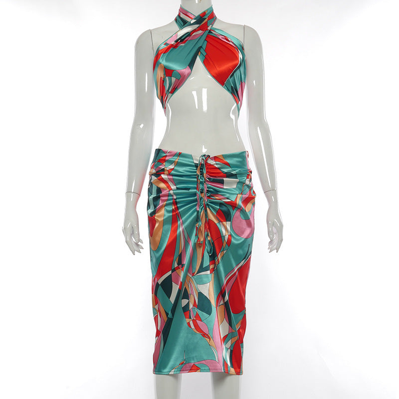 Spring And Summer New Color Print Sleeveless Backless Lace-Up Skirt Suit Women