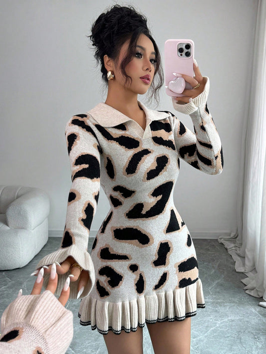 Mzy Collection Women's Autumn/Winter Fashion Leopard Print Knit Ruffle Hem Bodycon Design Sweater Dress Fall Cloth For Women - Apricot