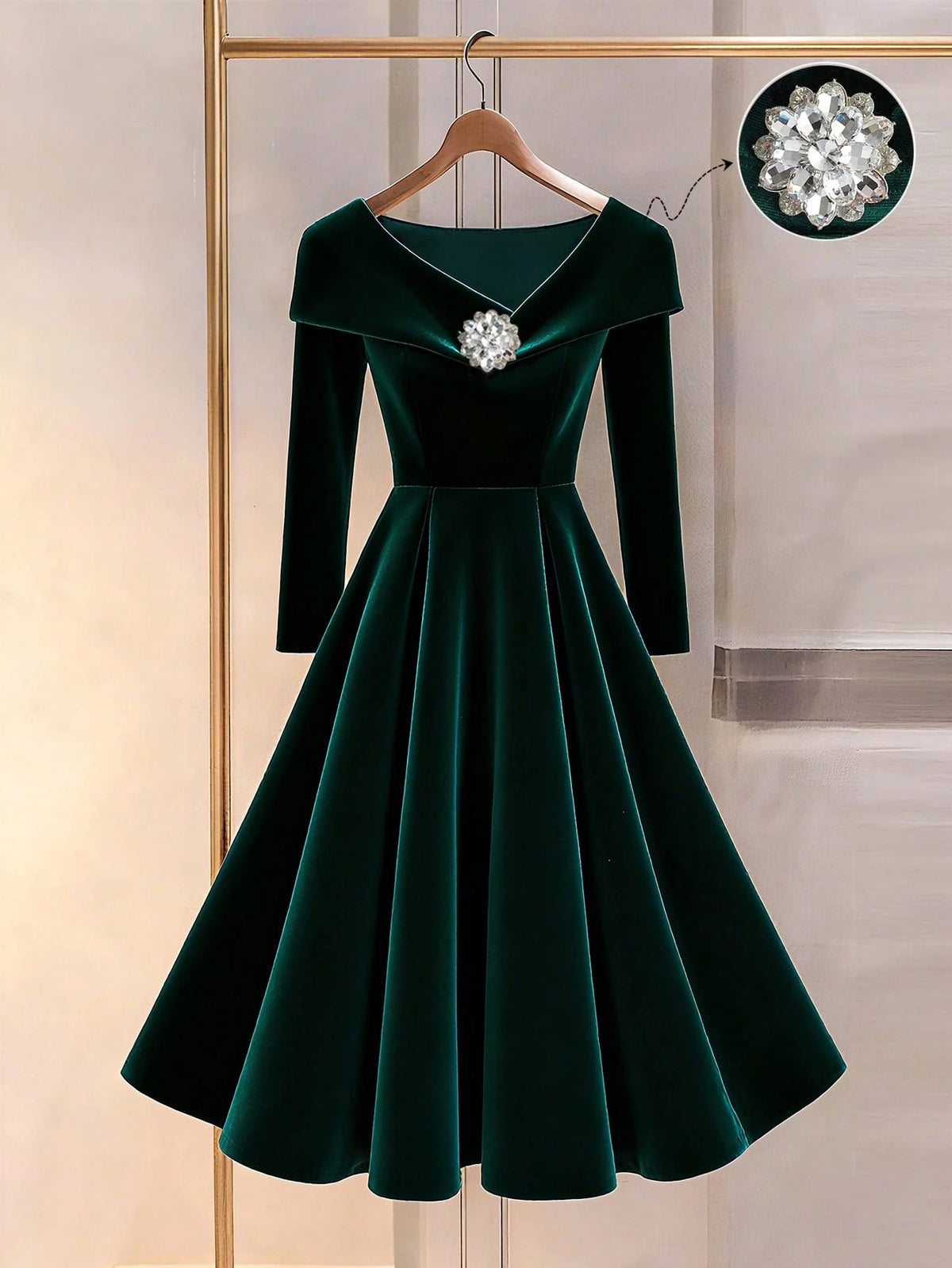 Women's dark green velvet rhinestone midi dress
