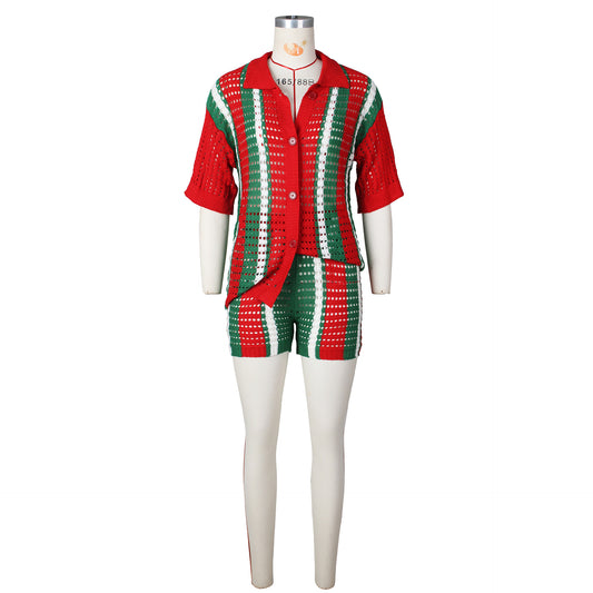 Women's Hollow Out See-through Contrast Color Lapels Knitted Shorts Suit