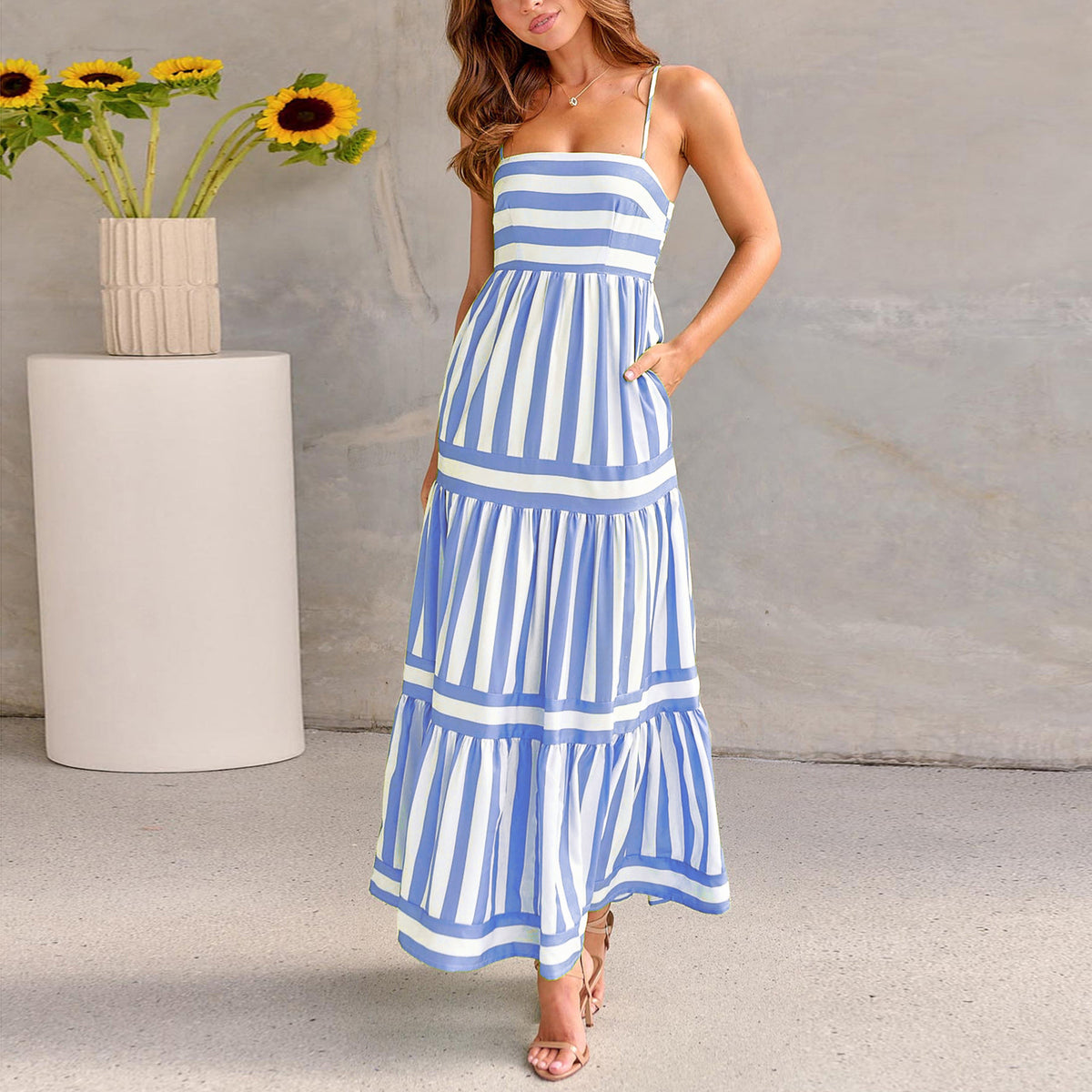 Striped Square-Neck Maxi Dress with Pockets