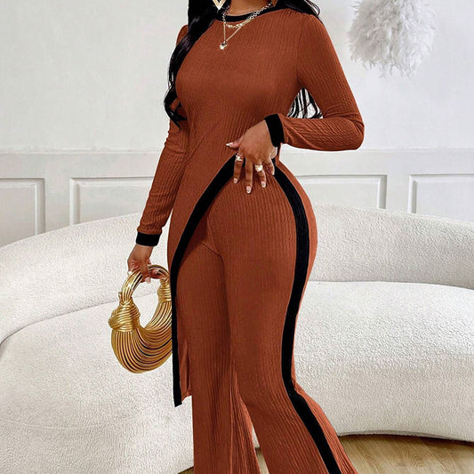 Women's 2 Piece Outfit Sexy Asymmetrical Hem Long Sleeve Top And Wide Leg Pants Sets Elegant Vacation Going Out Suit