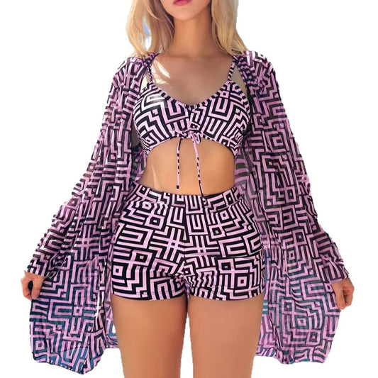 Swimsuit Plus Size Multicolor Plaid Printed Split Three-piece Suit