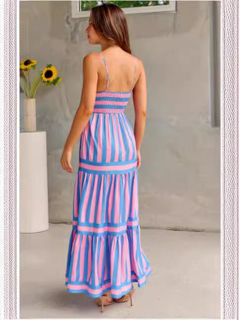 Striped Square-Neck Maxi Dress with Pockets