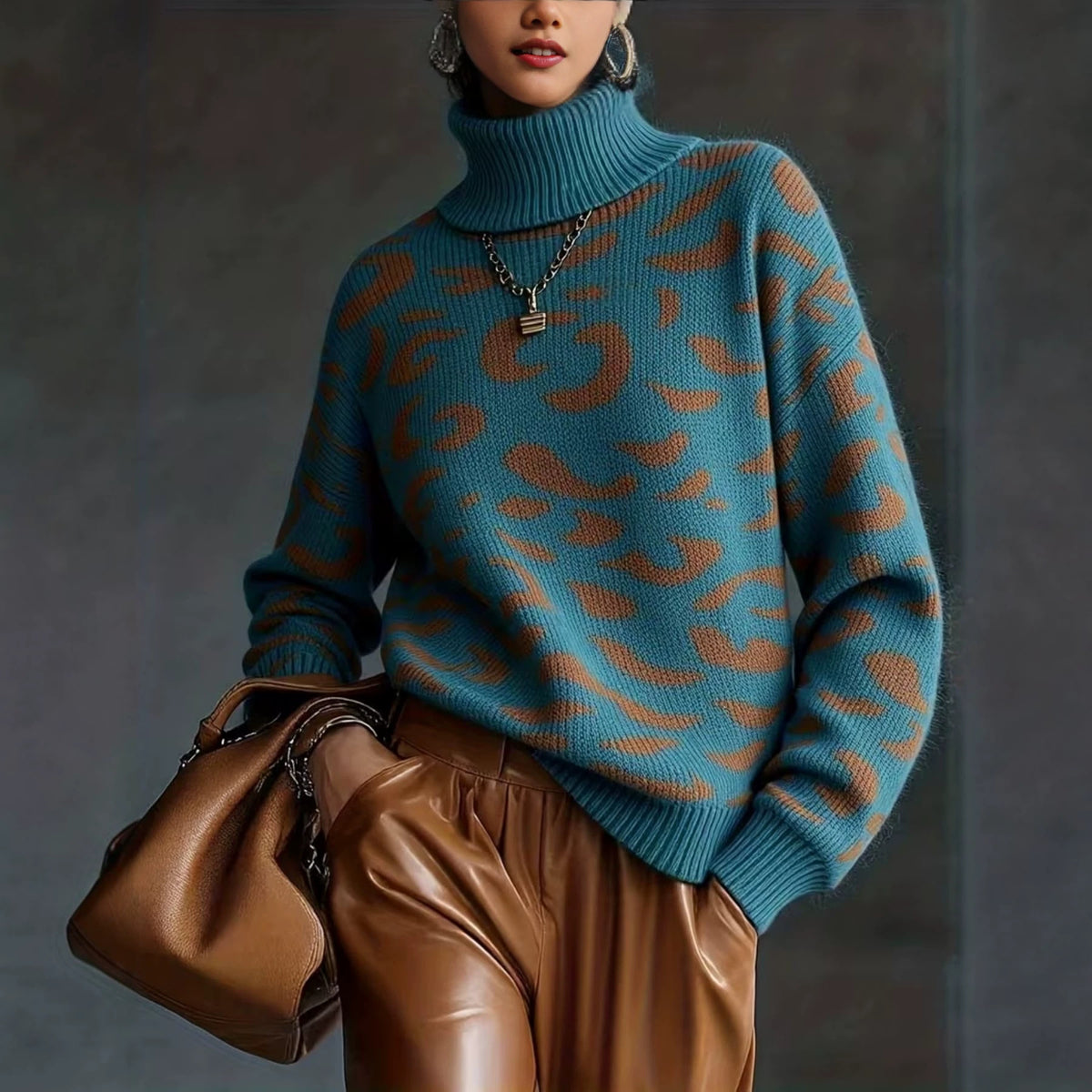 Leopard Print Knitted Sweater - Oversized Turtleneck Fall Pullover