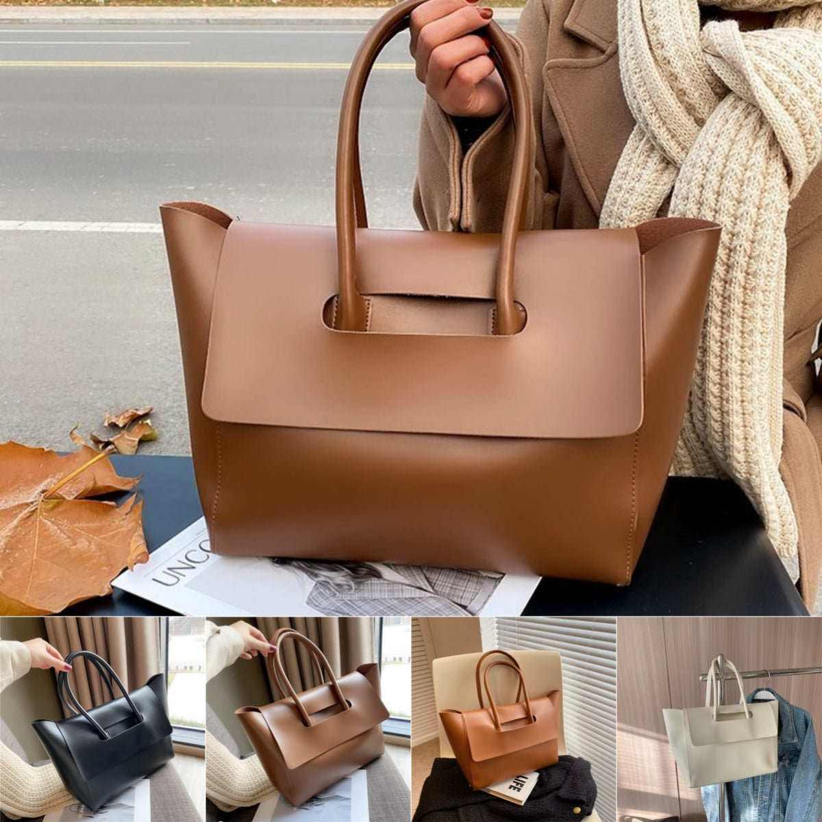 Retro Solid-Color Tote Shoulder Bag