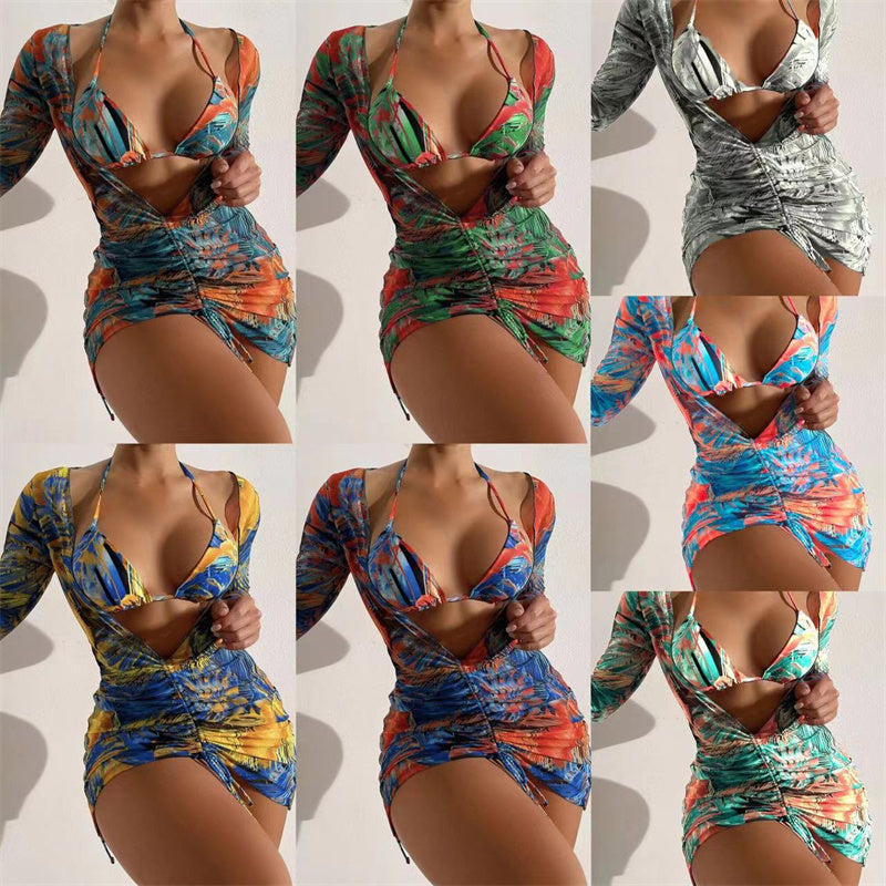 Bikini Multicolour Printed Mesh Three-piece Swimsuit