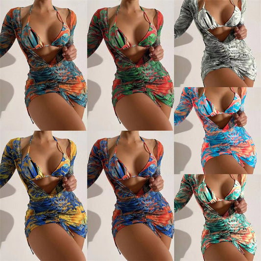 Bikini Multicolour Printed Mesh Three-piece Swimsuit