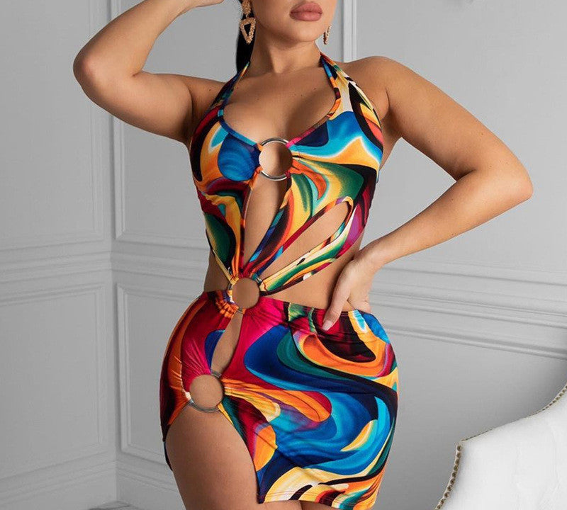 Hollow-Out Halter Mini Dress