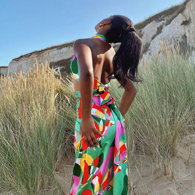 Spring And Summer New Color Print Sleeveless Backless Lace-Up Skirt Suit Women