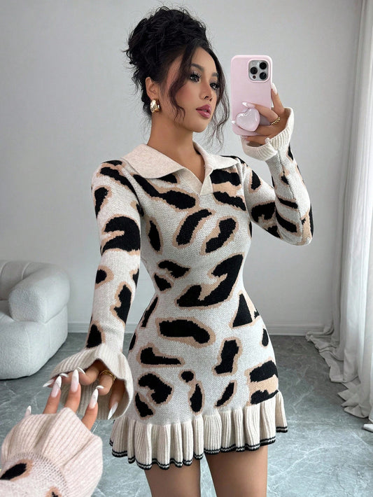 Mzy Collection Women's Autumn/Winter Fashion Leopard Print Knit Ruffle Hem Bodycon Design Sweater Dress Fall Cloth For Women