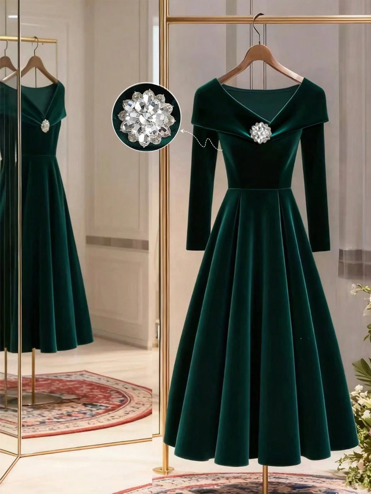 Women's dark green velvet rhinestone midi dress