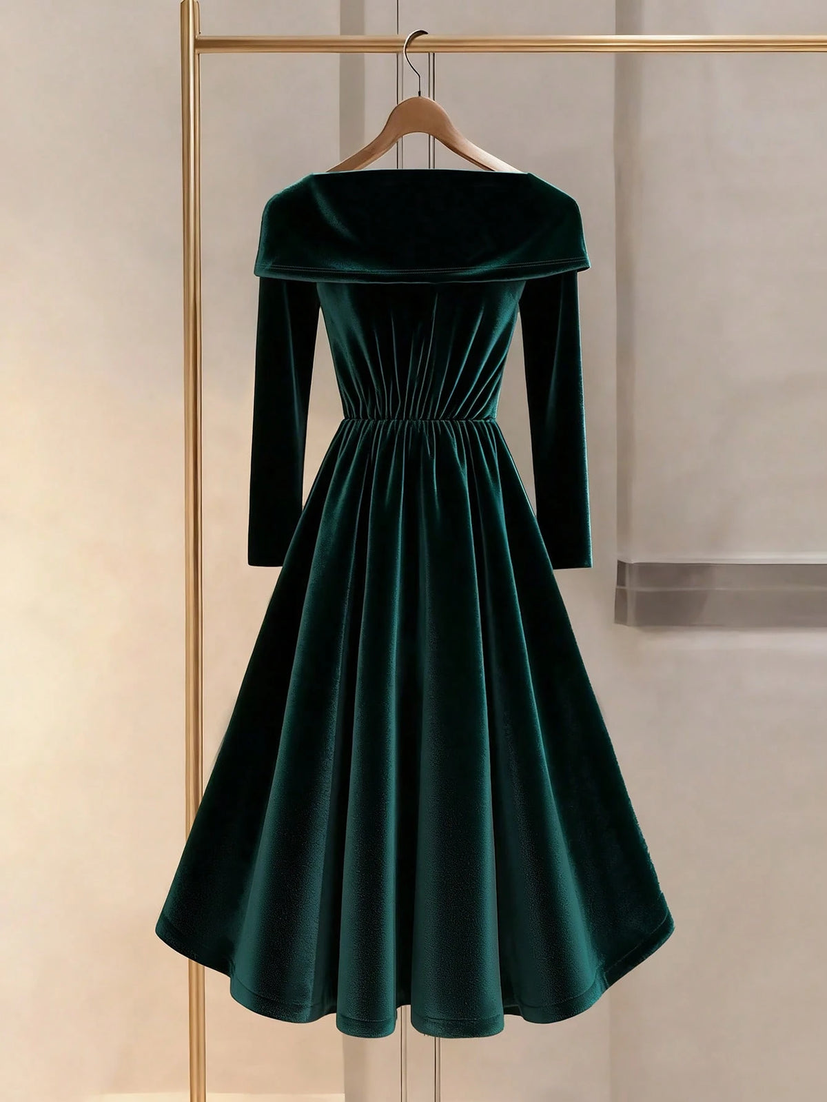 Women's dark green velvet rhinestone midi dress