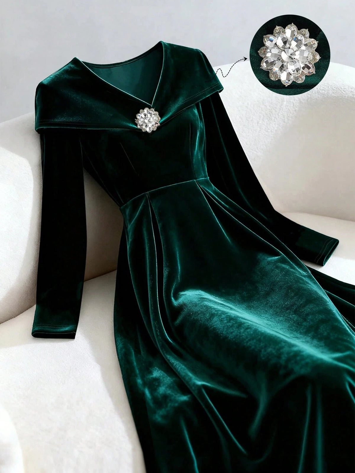 Women's dark green velvet rhinestone midi dress