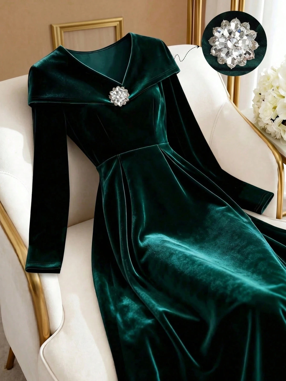 Women's dark green velvet rhinestone midi dress