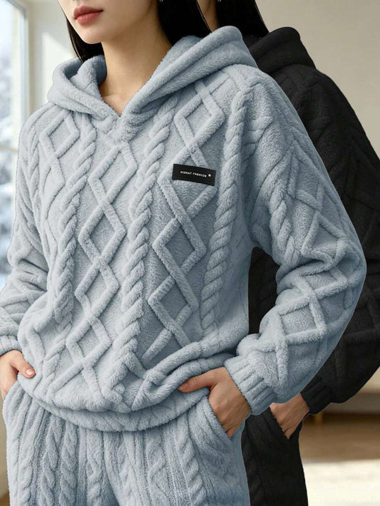 Women's fuzzy fleece hooded 2-piece lounge set - Grey + Black
