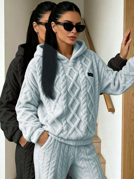 Women's fuzzy fleece hooded 2-piece lounge set - Grey + Black