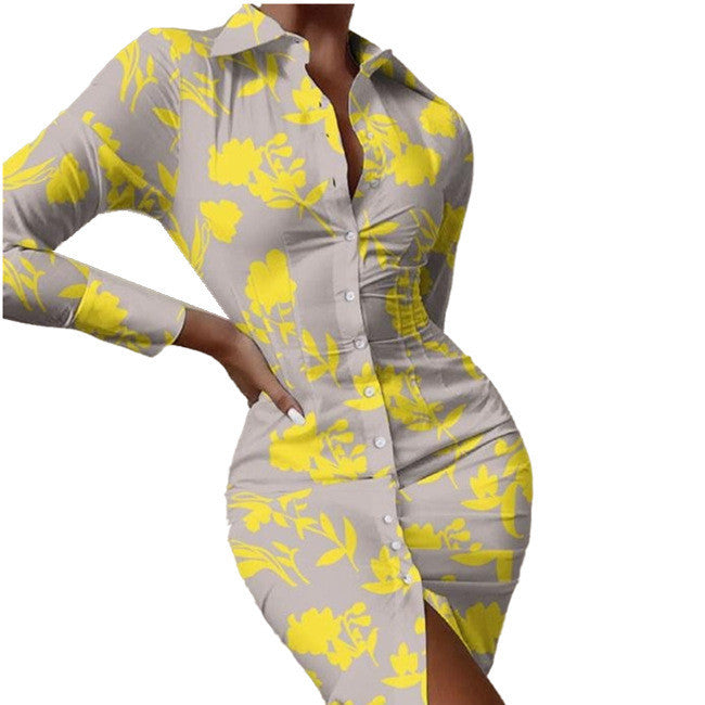Multicolor Shirt Collar Button Cardigan Mid-length Fashion Print Dress