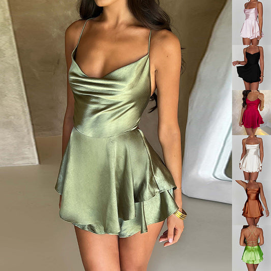 Satin Backless Suspender Mini Dress