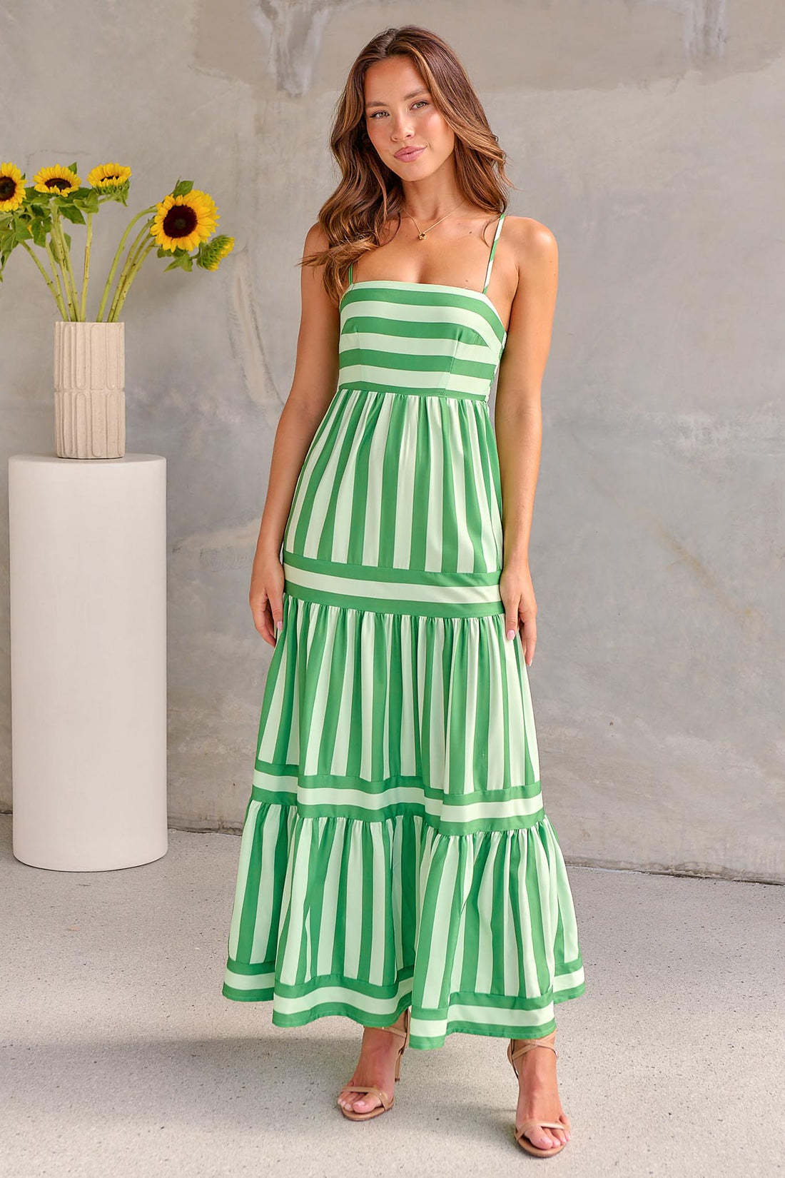 Striped Square-Neck Maxi Dress with Pockets