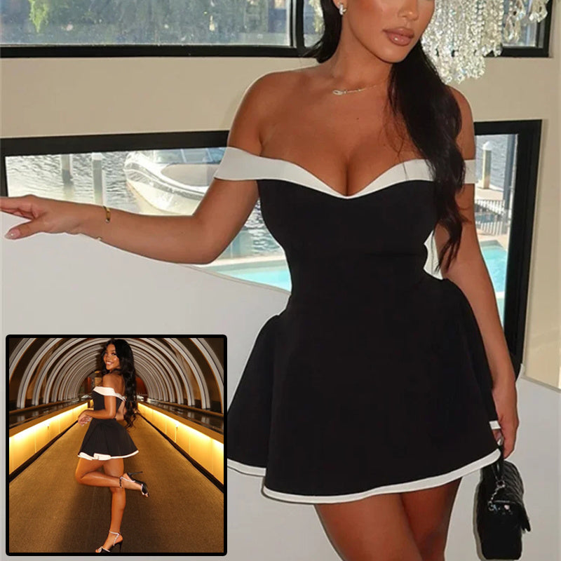 Patchwork Slash-Neck Bodycon Mini Dress