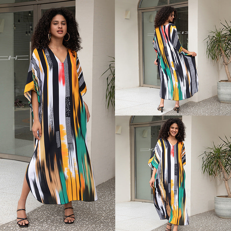 Rayon Positioning Printing Loose Plus Size Long Dress Beach Cover-up Jumpsuit Robe Style