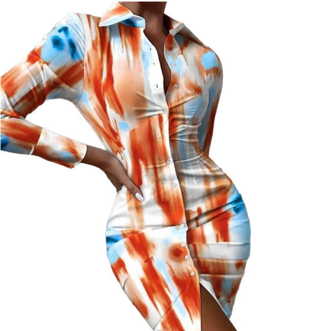 Multicolor Shirt Collar Button Cardigan Mid-length Fashion Print Dress