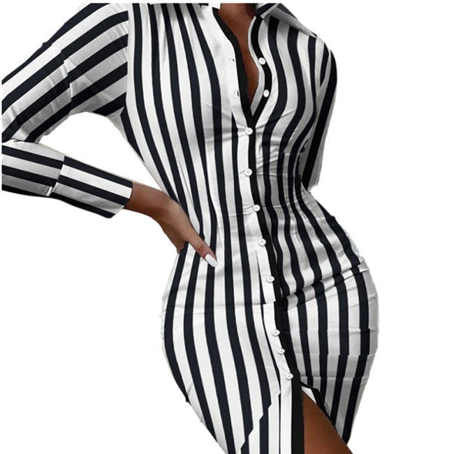 Multicolor Shirt Collar Button Cardigan Mid-length Fashion Print Dress