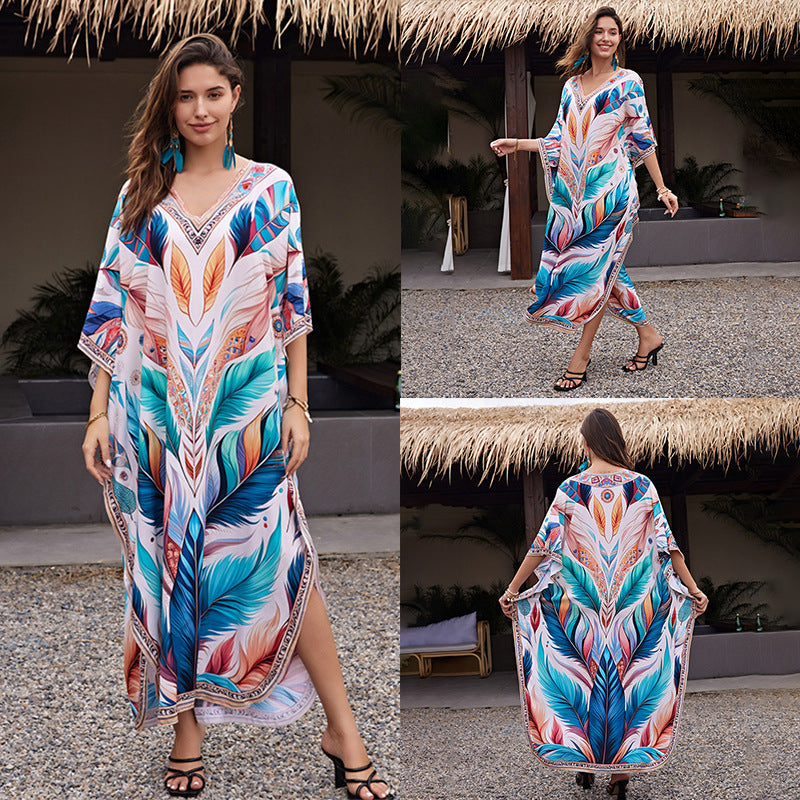 Rayon Positioning Printing Loose Plus Size Long Dress Beach Cover-up Jumpsuit Robe Style