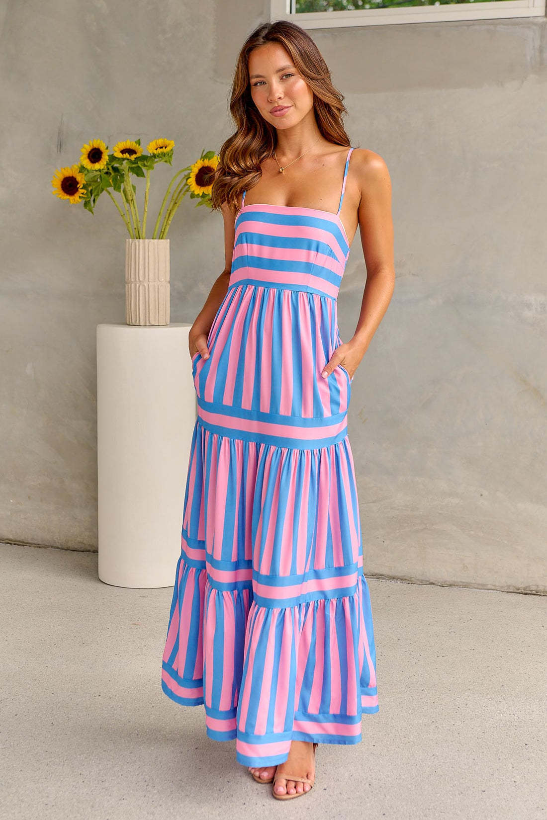 Striped Square-Neck Maxi Dress with Pockets