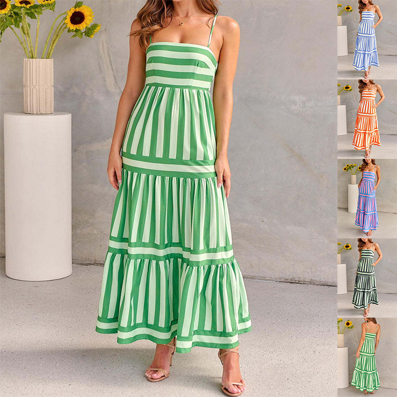Striped Square-Neck Maxi Dress with Pockets