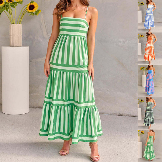 Striped Square-Neck Maxi Dress with Pockets