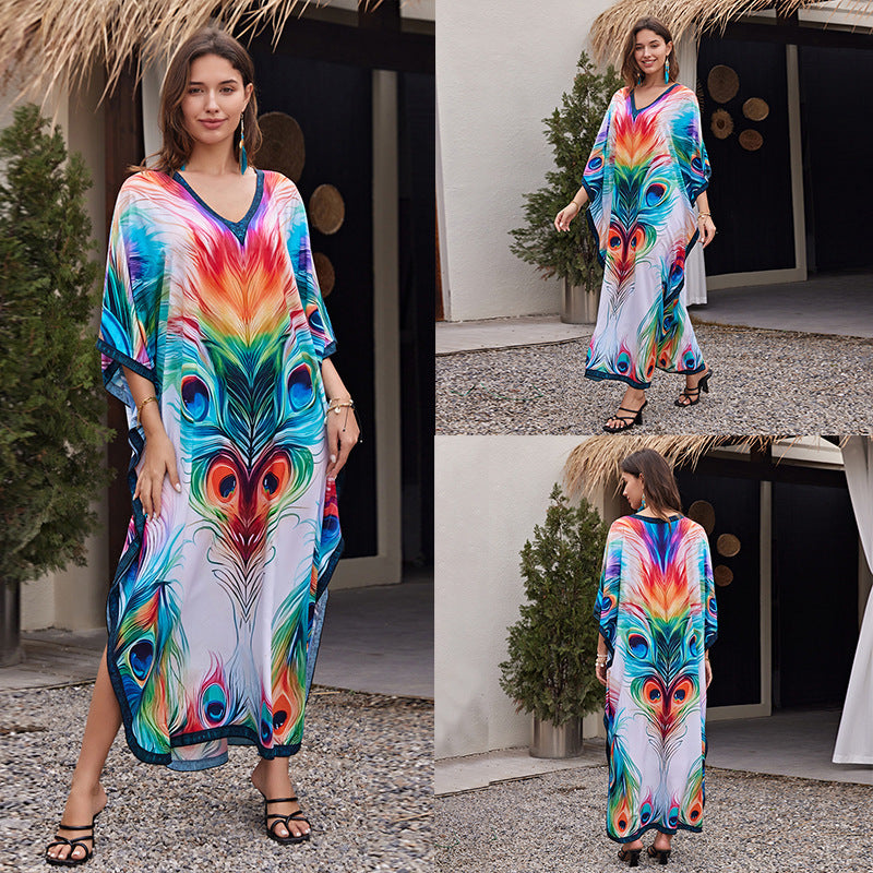 Rayon Positioning Printing Loose Plus Size Long Dress Beach Cover-up Jumpsuit Robe Style