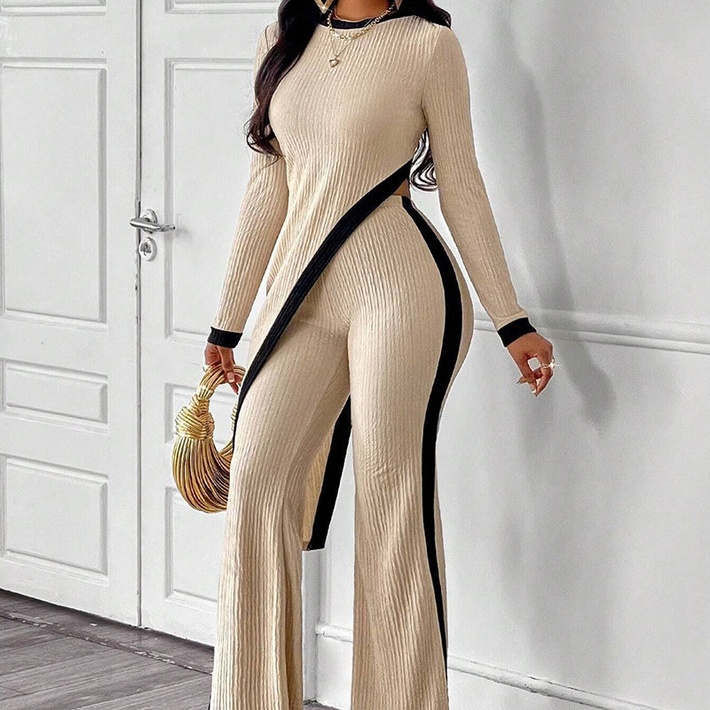 Women's 2 Piece Outfit Sexy Asymmetrical Hem Long Sleeve Top And Wide Leg Pants Sets Elegant Vacation Going Out Suit