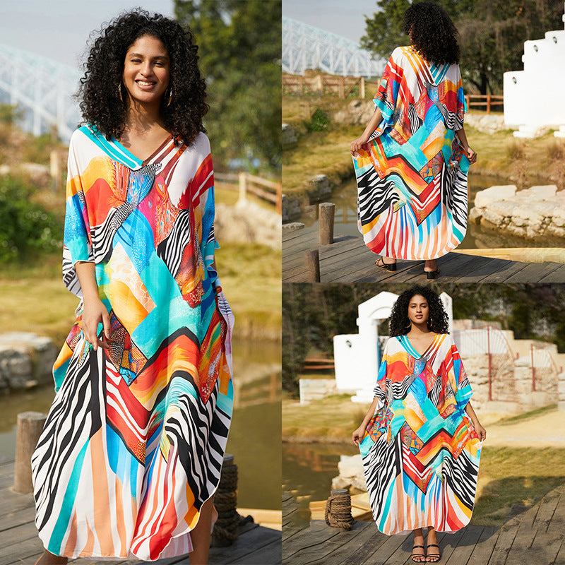 Rayon Positioning Printing Loose Plus Size Long Dress Beach Cover-up Jumpsuit Robe Style