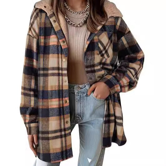 Women Flannel Plaid Jacket - Long Sleeve Autumn Shacket