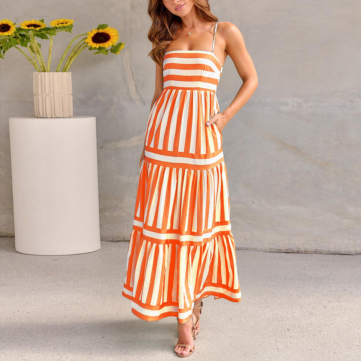 Striped Square-Neck Maxi Dress with Pockets