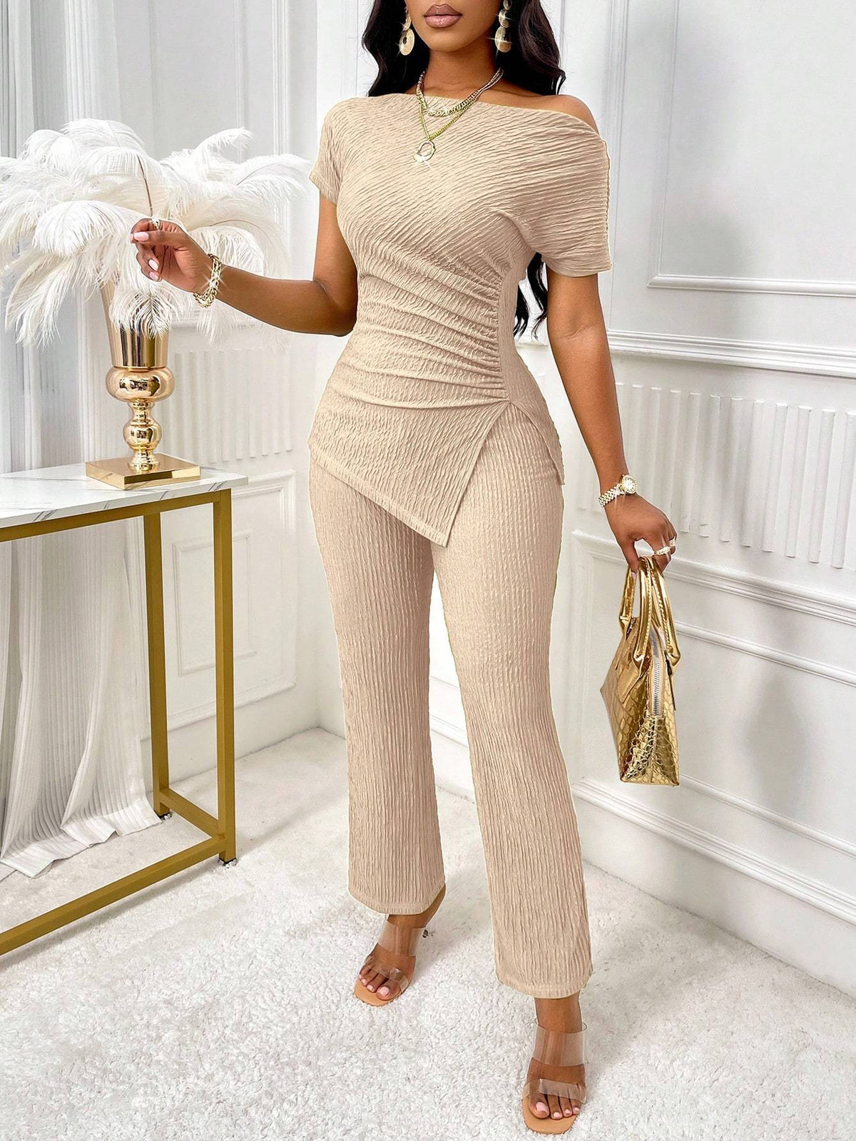 Neck Split Hem Ruched Top & Flare Leg Pants