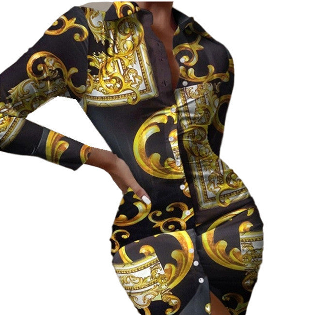 Multicolor Shirt Collar Button Cardigan Mid-length Fashion Print Dress