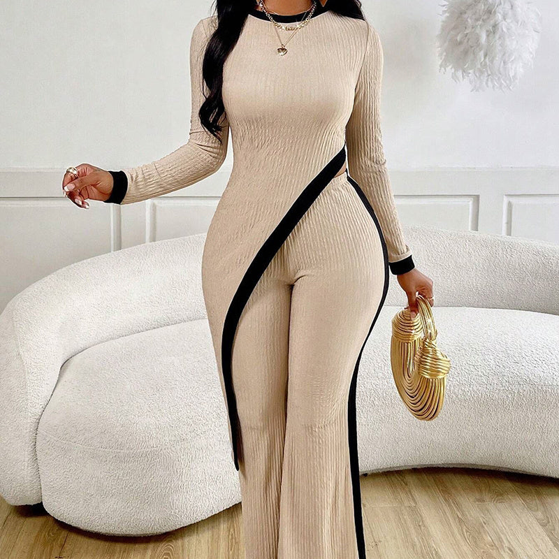 Women's 2 Piece Outfit Sexy Asymmetrical Hem Long Sleeve Top And Wide Leg Pants Sets Elegant Vacation Going Out Suit