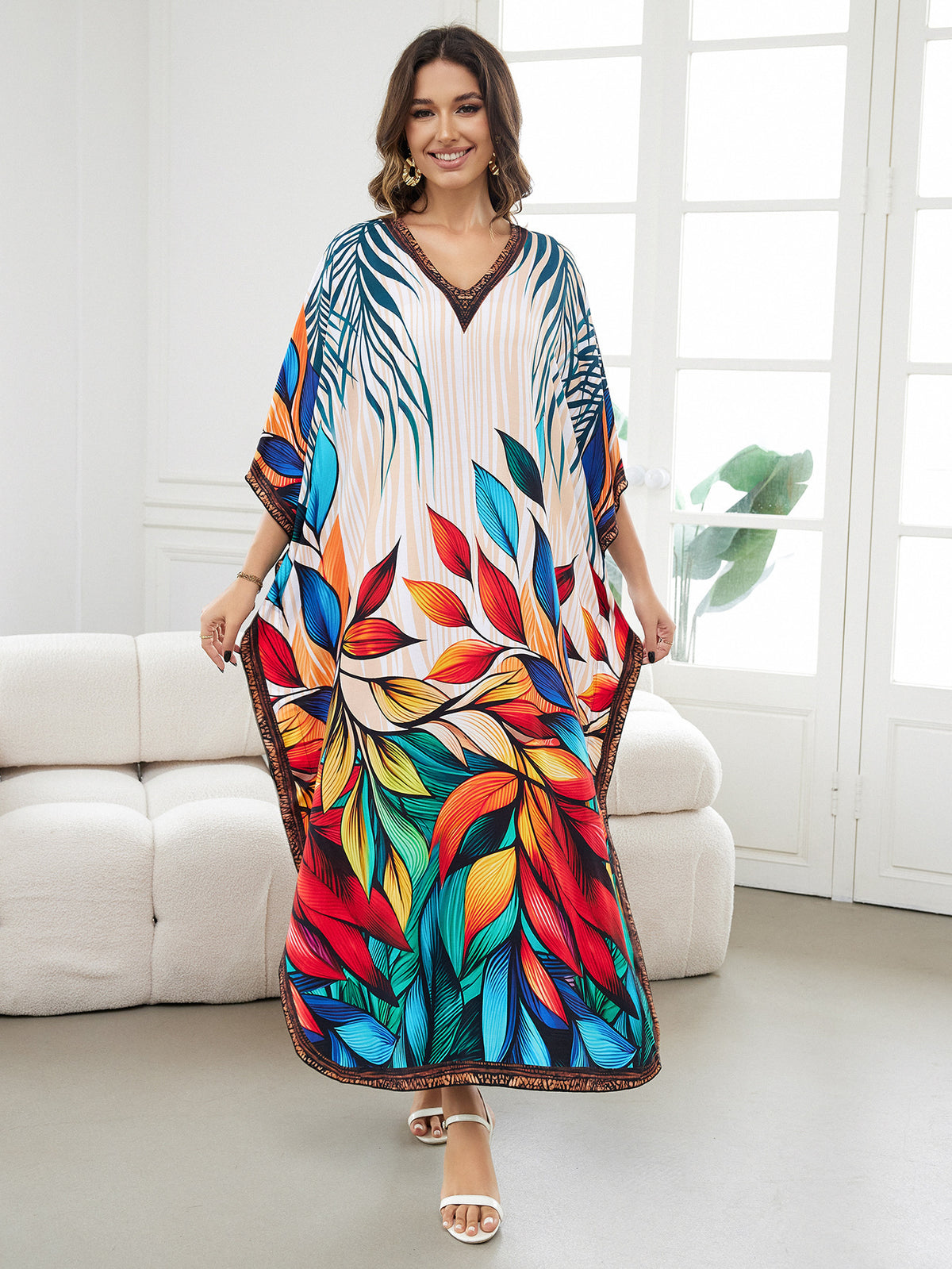 Rayon Positioning Printing Loose Plus Size Long Dress Beach Cover-up Jumpsuit Robe Style
