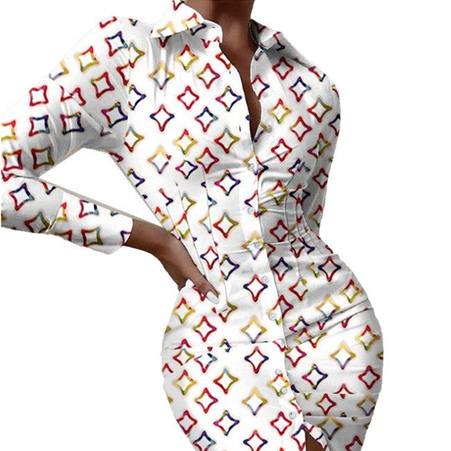 Multicolor Shirt Collar Button Cardigan Mid-length Fashion Print Dress