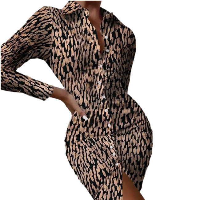Multicolor Shirt Collar Button Cardigan Mid-length Fashion Print Dress