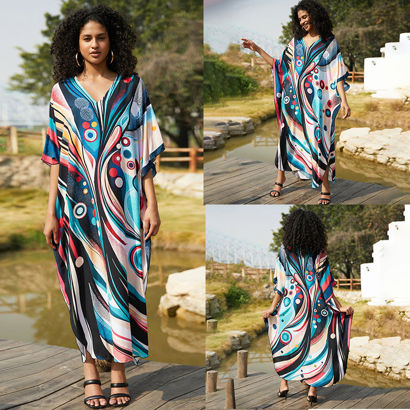 Rayon Positioning Printing Loose Plus Size Long Dress Beach Cover-up Jumpsuit Robe Style