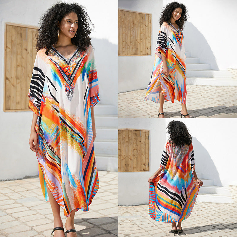 Rayon Positioning Printing Loose Plus Size Long Dress Beach Cover-up Jumpsuit Robe Style