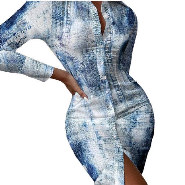 Multicolor Shirt Collar Button Cardigan Mid-length Fashion Print Dress
