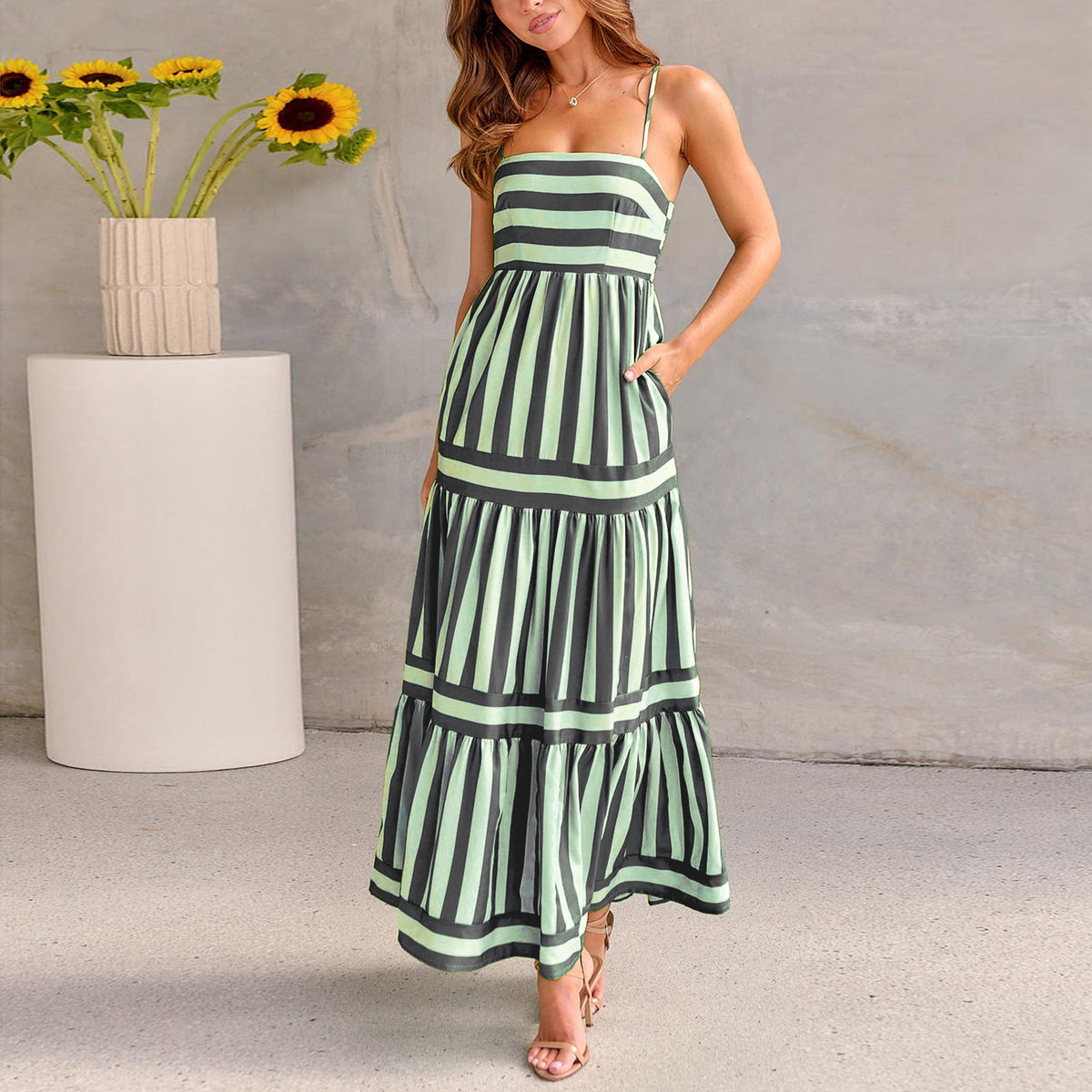 Striped Square-Neck Maxi Dress with Pockets