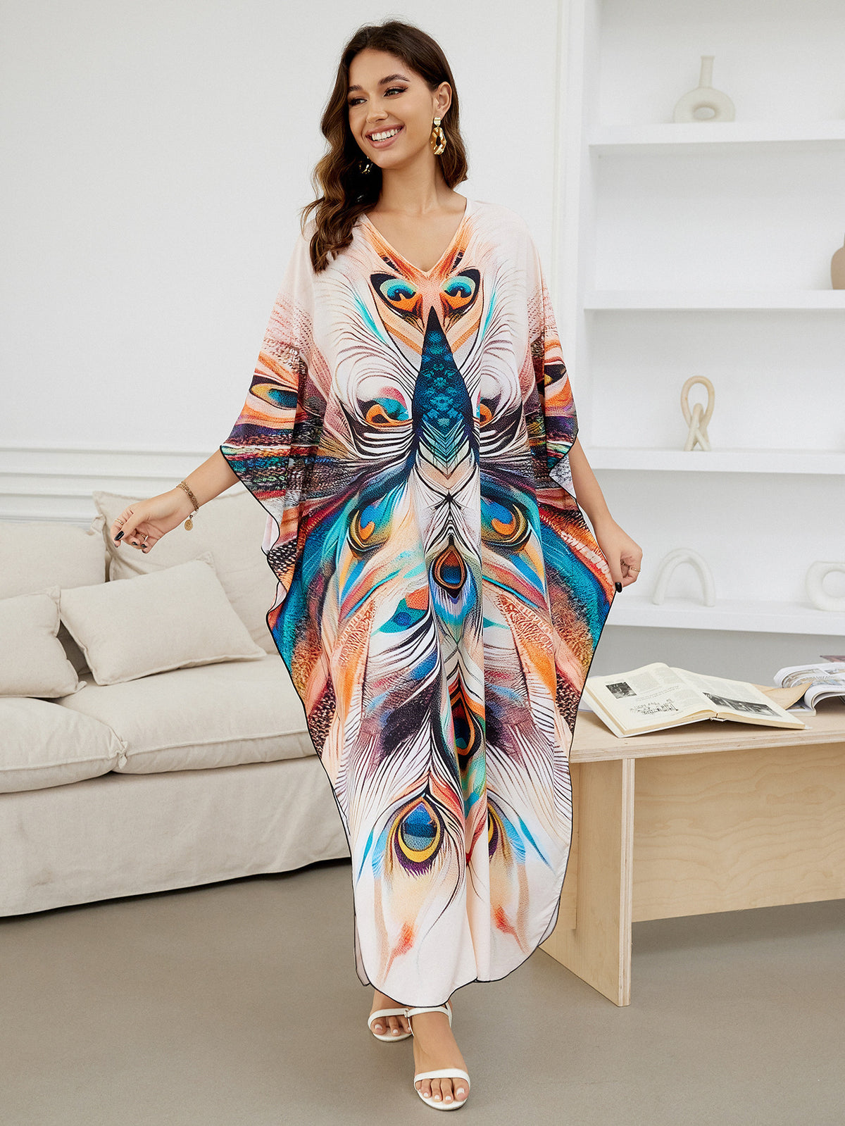 Rayon Positioning Printing Loose Plus Size Long Dress Beach Cover-up Jumpsuit Robe Style