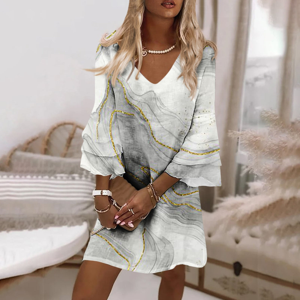 Mid-waist Marble Printed Short Sleeve Dress