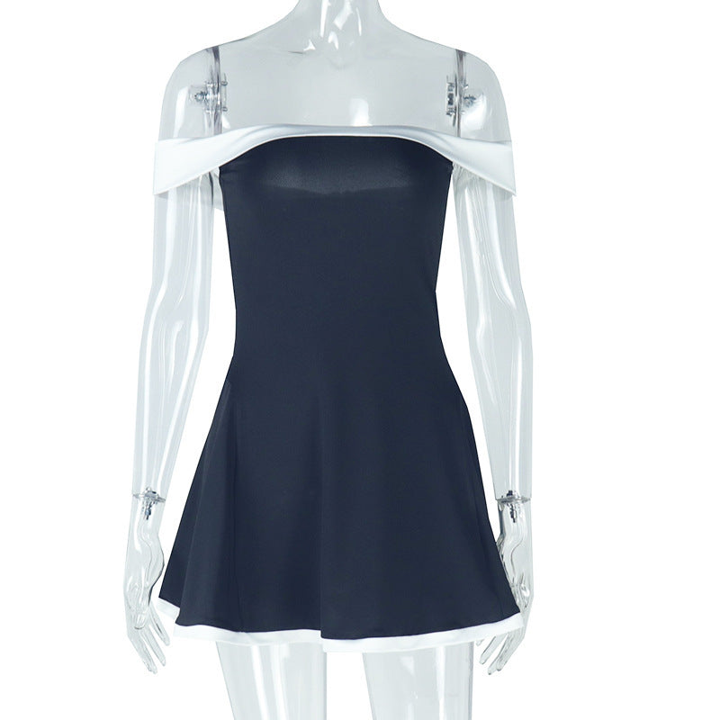 Patchwork Slash-Neck Bodycon Mini Dress